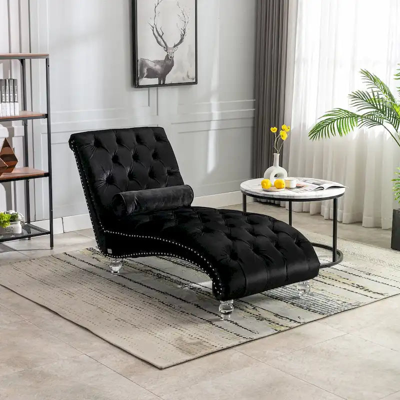 Chaise longue capitonnée en velours avec oreiller – Bleu clair / Noir / Moutarde / Émeraude / Violet / Argent / Rose | Simple