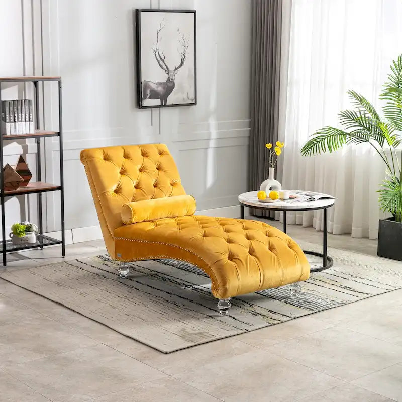 Chaise longue capitonnée en velours avec oreiller – Bleu clair / Noir / Moutarde / Émeraude / Violet / Argent / Rose | Simple
