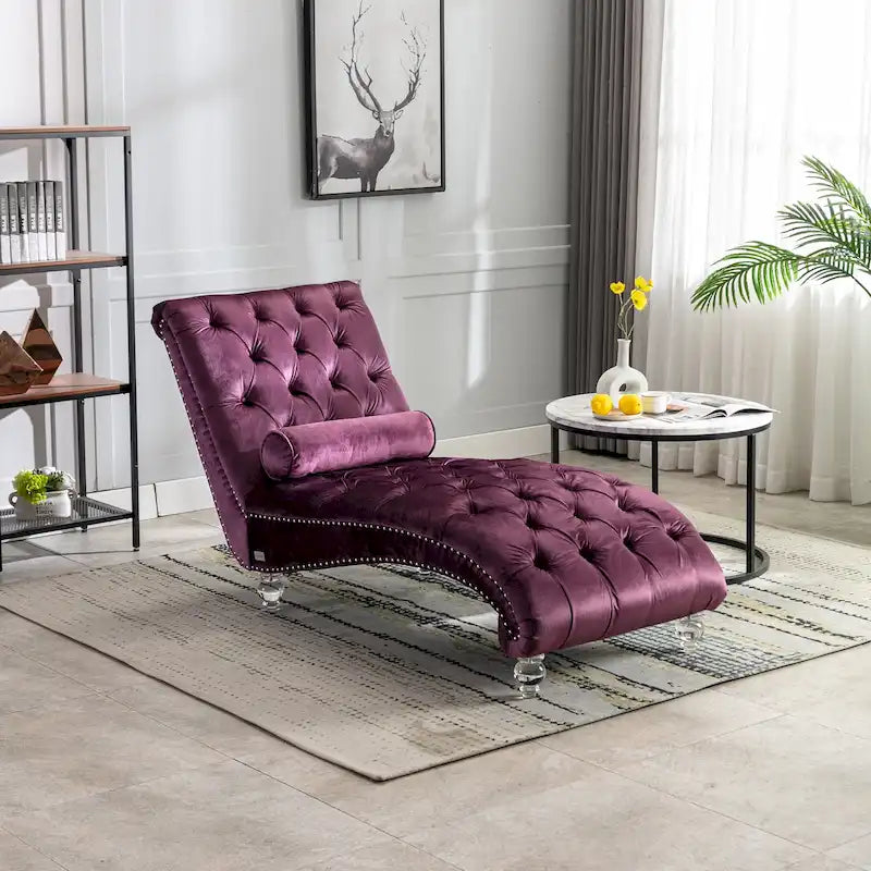 Chaise longue capitonnée en velours avec oreiller – Bleu clair / Noir / Moutarde / Émeraude / Violet / Argent / Rose | Simple