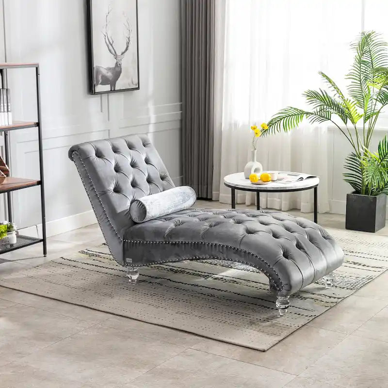 Chaise longue capitonnée en velours avec oreiller – Bleu clair / Noir / Moutarde / Émeraude / Violet / Argent / Rose | Simple