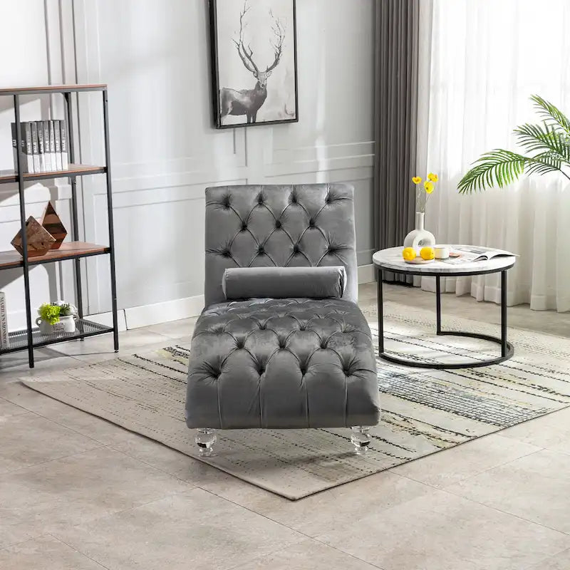 Chaise longue capitonnée en velours avec oreiller – Bleu clair / Noir / Moutarde / Émeraude / Violet / Argent / Rose | Simple