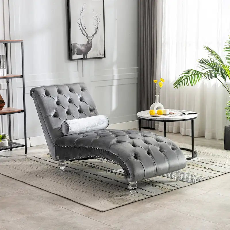 Chaise longue capitonnée en velours avec oreiller – Bleu clair / Noir / Moutarde / Émeraude / Violet / Argent / Rose | Simple