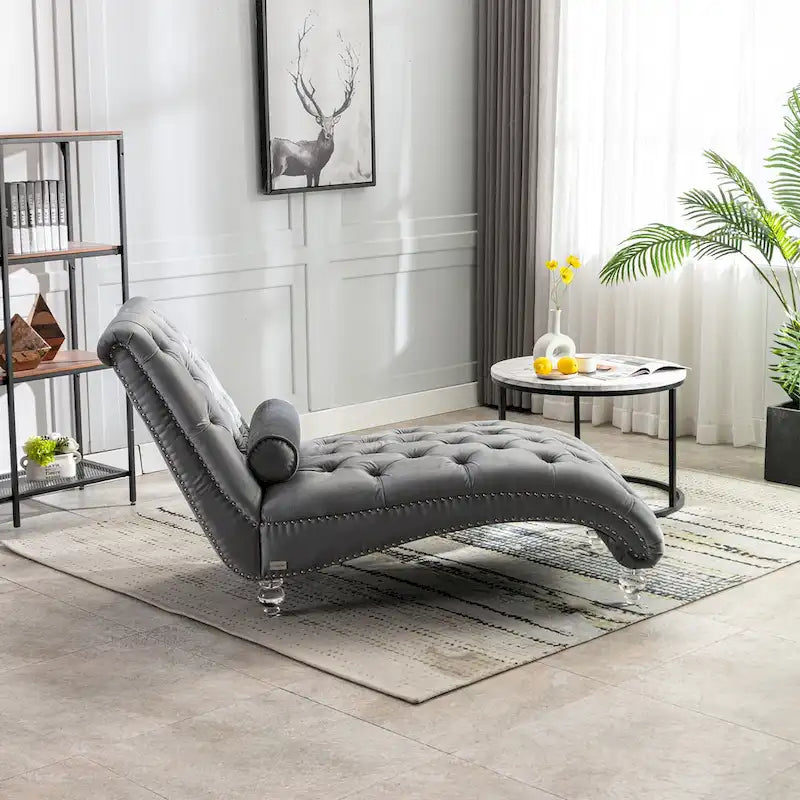 Chaise longue capitonnée en velours avec oreiller – Bleu clair / Noir / Moutarde / Émeraude / Violet / Argent / Rose | Simple