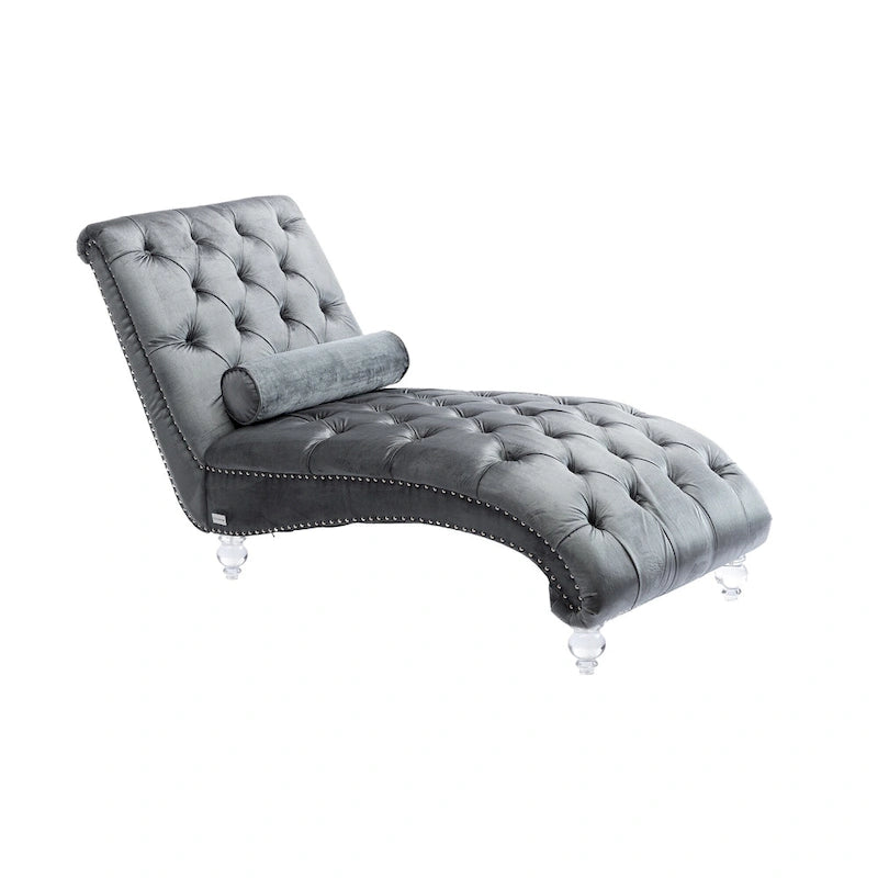 Chaise longue capitonnée en velours avec oreiller – Bleu clair / Noir / Moutarde / Émeraude / Violet / Argent / Rose | Simple