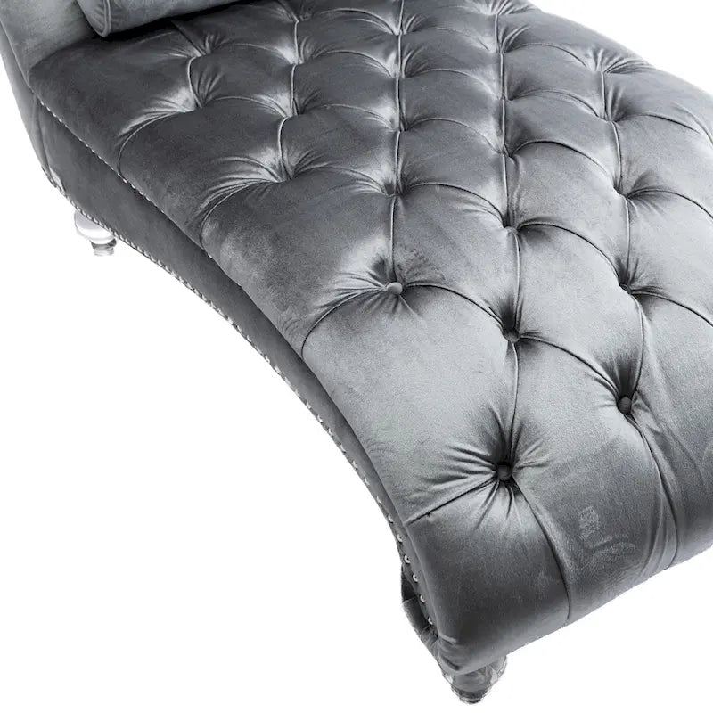 Chaise longue capitonnée en velours avec oreiller – Bleu clair / Noir / Moutarde / Émeraude / Violet / Argent / Rose | Simple
