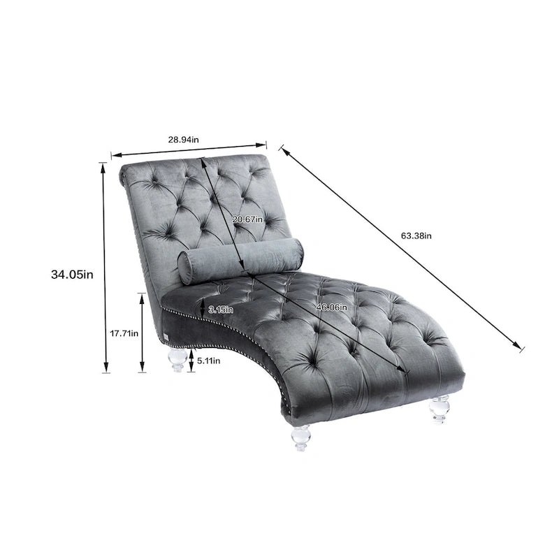 Chaise longue capitonnée en velours avec oreiller – Bleu clair / Noir / Moutarde / Émeraude / Violet / Argent / Rose | Simple