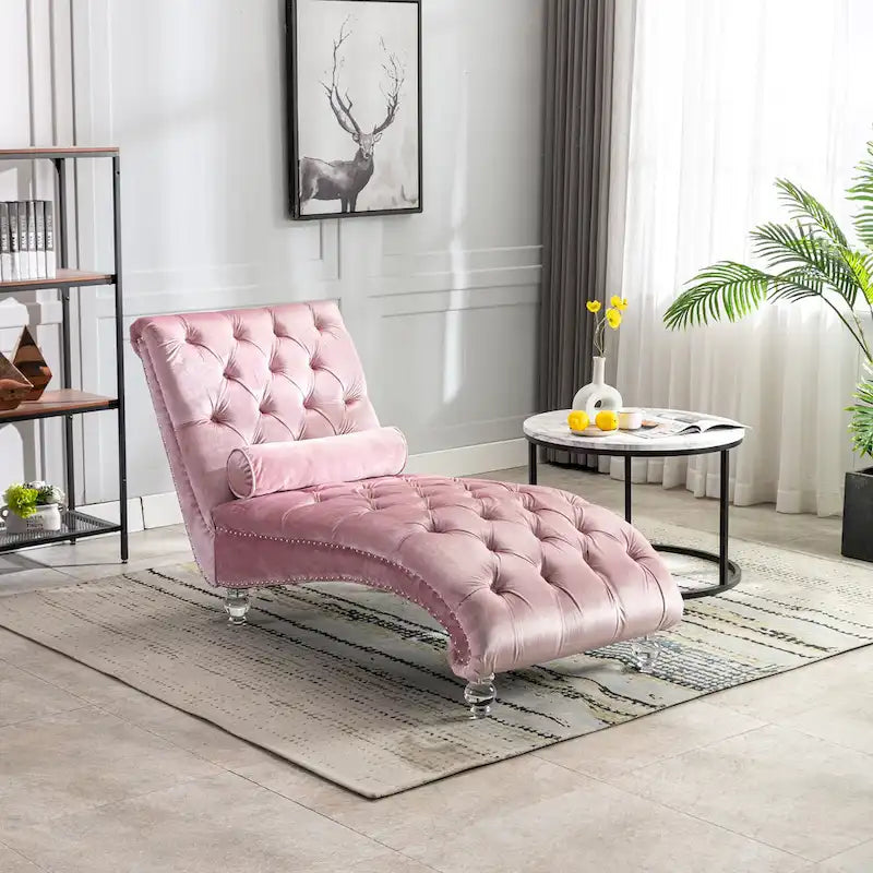 Chaise longue capitonnée en velours avec oreiller – Bleu clair / Noir / Moutarde / Émeraude / Violet / Argent / Rose | Simple