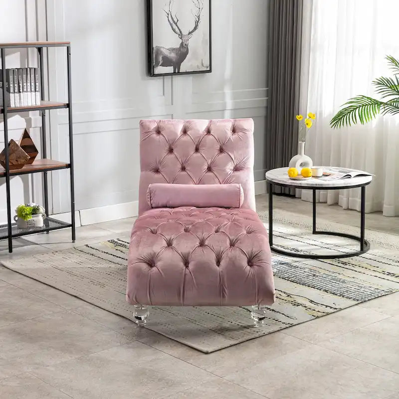 Chaise longue capitonnée en velours avec oreiller – Bleu clair / Noir / Moutarde / Émeraude / Violet / Argent / Rose | Simple