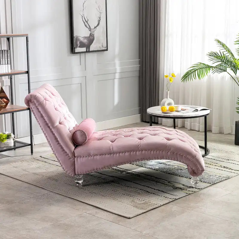 Chaise longue capitonnée en velours avec oreiller – Bleu clair / Noir / Moutarde / Émeraude / Violet / Argent / Rose | Simple