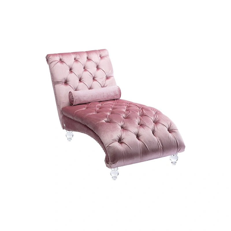 Chaise longue capitonnée en velours avec oreiller – Bleu clair / Noir / Moutarde / Émeraude / Violet / Argent / Rose | Simple