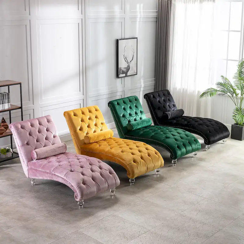 Chaise longue capitonnée en velours avec oreiller – Bleu clair / Noir / Moutarde / Émeraude / Violet / Argent / Rose | Simple