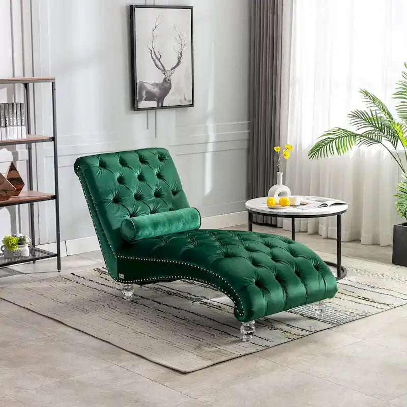 Chaise longue capitonnée en velours avec oreiller – Bleu clair / Noir / Moutarde / Émeraude / Violet / Argent / Rose | Simple