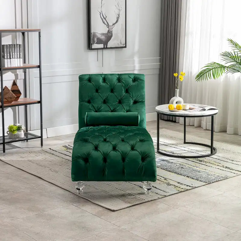 Chaise longue capitonnée en velours avec oreiller – Bleu clair / Noir / Moutarde / Émeraude / Violet / Argent / Rose | Simple