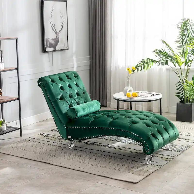 Chaise longue capitonnée en velours avec oreiller – Bleu clair / Noir / Moutarde / Émeraude / Violet / Argent / Rose | Simple