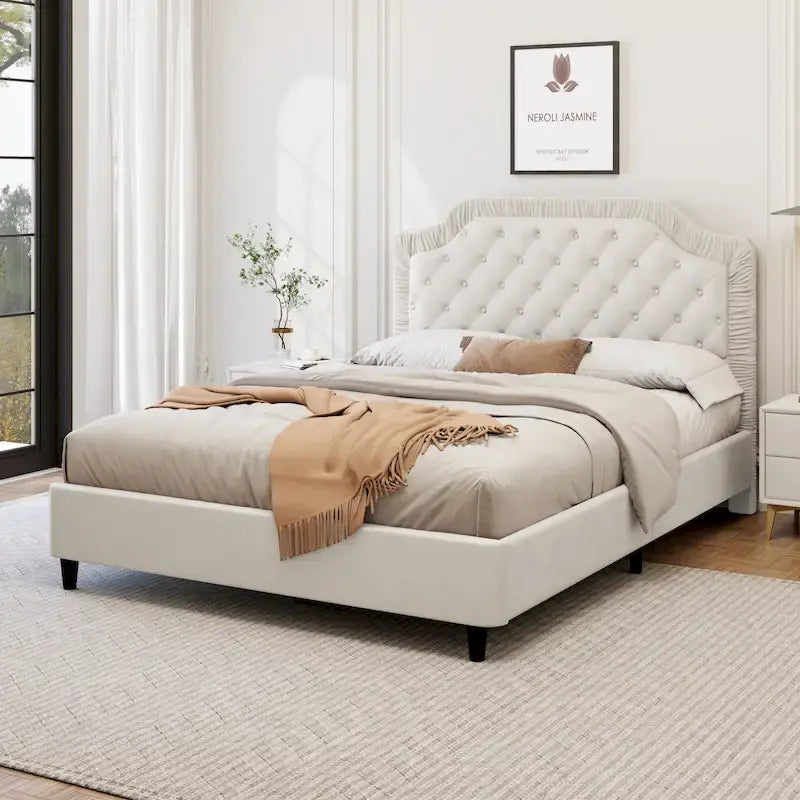 Lit Plateforme Capitonnée en Velours Gris/Blanc, Taille Double, 2 Personnes