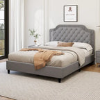 Lit Plateforme Capitonnée en Velours Gris/Blanc, Taille Double, 2 Personnes