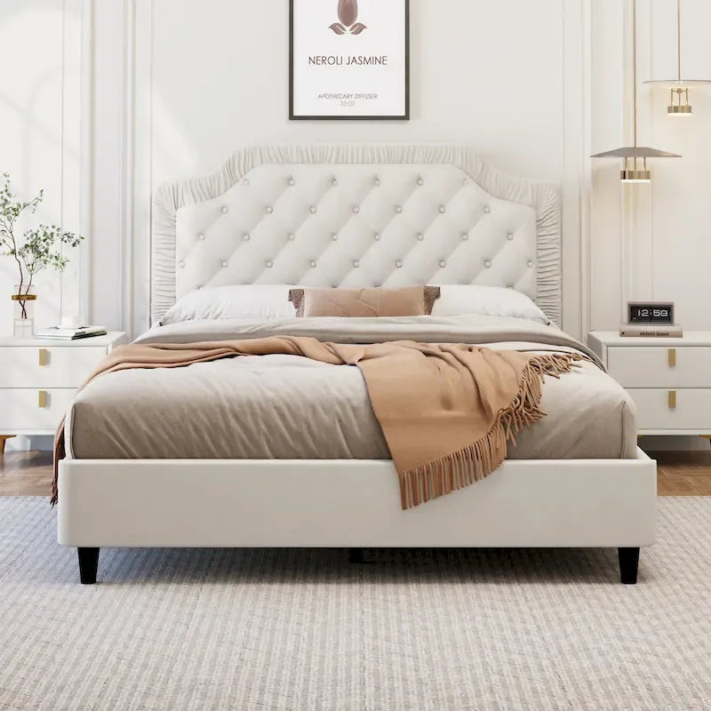 Lit Plateforme Capitonnée en Velours Gris/Blanc, Taille Double, 2 Personnes