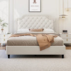 Lit Plateforme Capitonnée en Velours Gris/Blanc, Taille Double, 2 Personnes