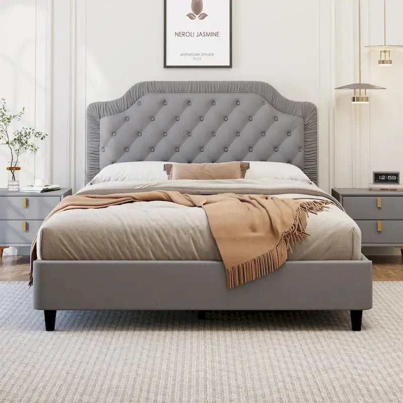 Lit Plateforme Capitonnée en Velours Gris/Blanc, Taille Double, 2 Personnes