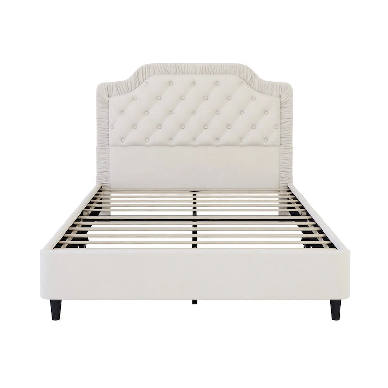 Lit Plateforme Capitonnée en Velours Gris/Blanc, Taille Double, 2 Personnes