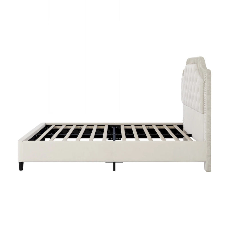 Lit Plateforme Capitonnée en Velours Gris/Blanc, Taille Double, 2 Personnes