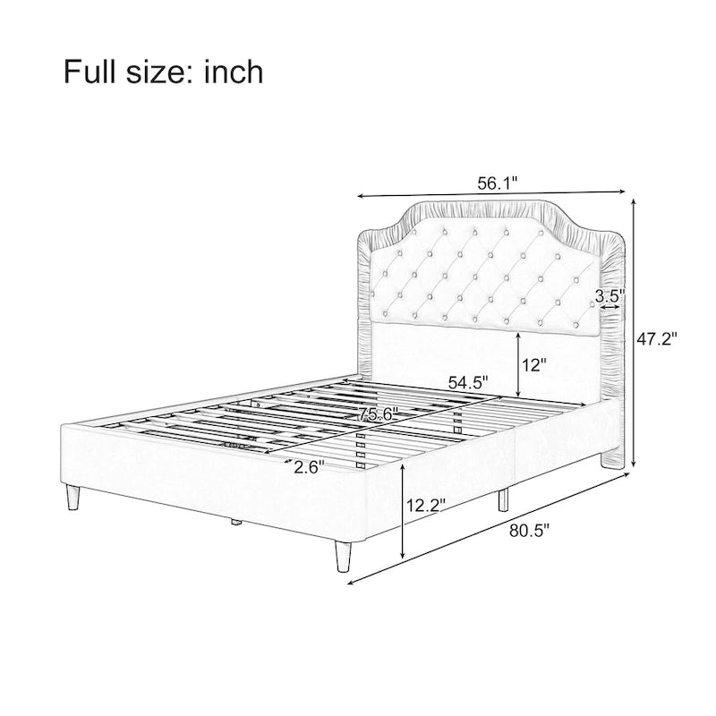 Lit Plateforme Capitonnée en Velours Gris/Blanc, Taille Double, 2 Personnes