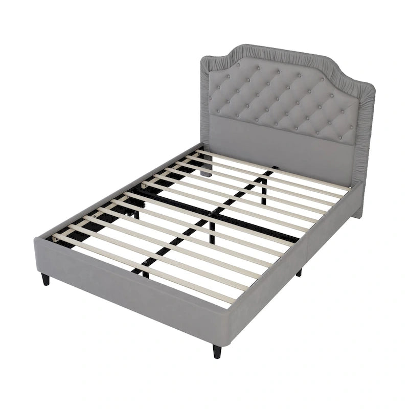 Lit Plateforme Capitonnée en Velours Gris/Blanc, Taille Double, 2 Personnes