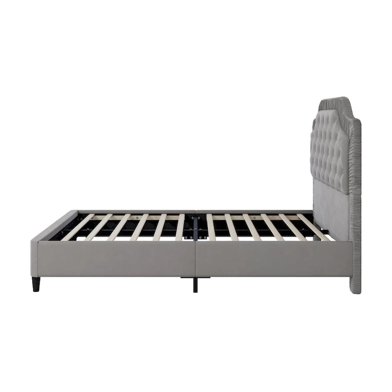 Lit Plateforme Capitonnée en Velours Gris/Blanc, Taille Double, 2 Personnes