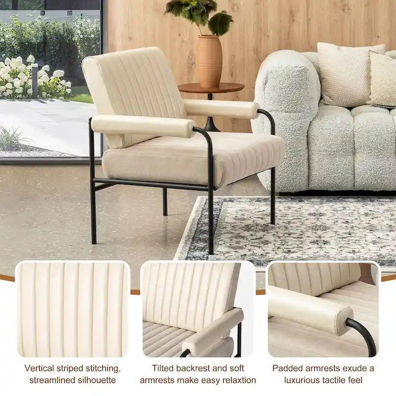 Fauteuil capitonné crème Off-White, lot de 2 — Similicuir et tissu, accoudoirs rembourrés