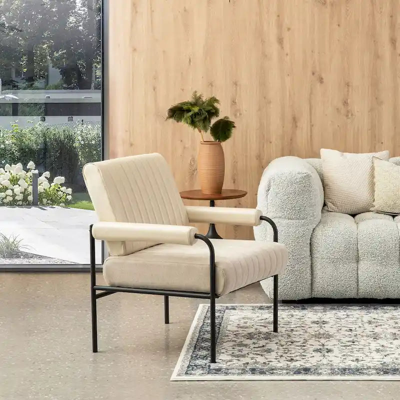 Fauteuil capitonné crème Off-White, lot de 2 — Similicuir et tissu, accoudoirs rembourrés