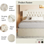 Cadre de lit rembourré capitonné à oreilles Queen beige pour 1 à 2 personnes