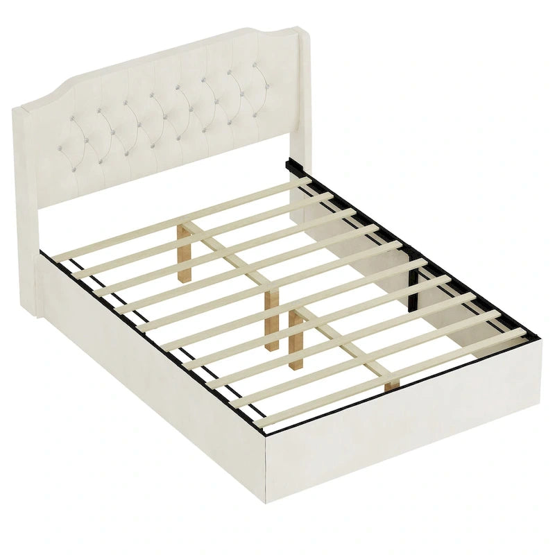 Cadre de lit rembourré capitonné à oreilles Queen beige pour 1 à 2 personnes