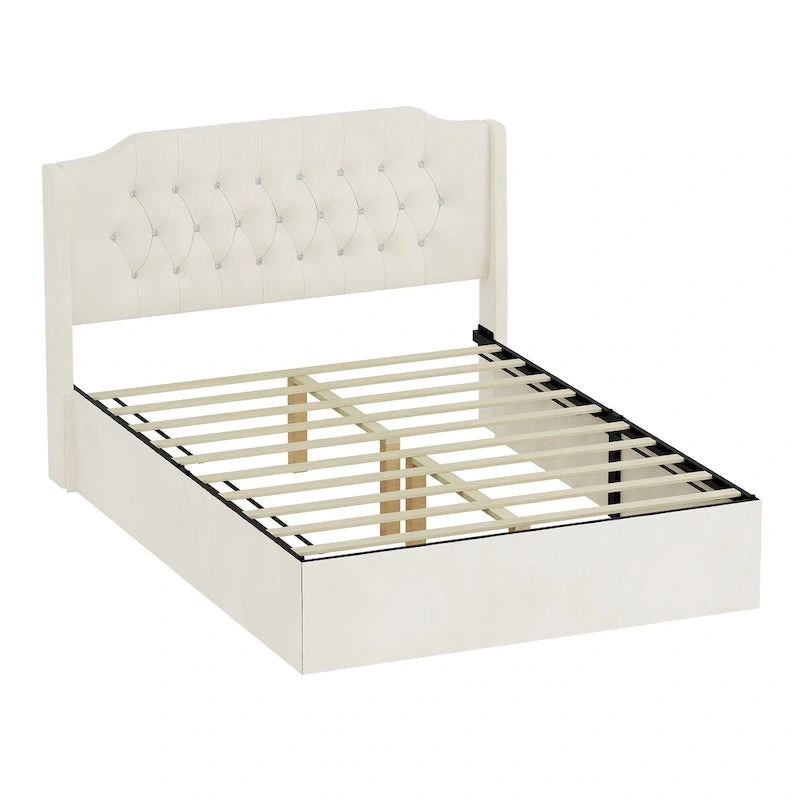 Cadre de lit rembourré capitonné à oreilles Queen beige pour 1 à 2 personnes