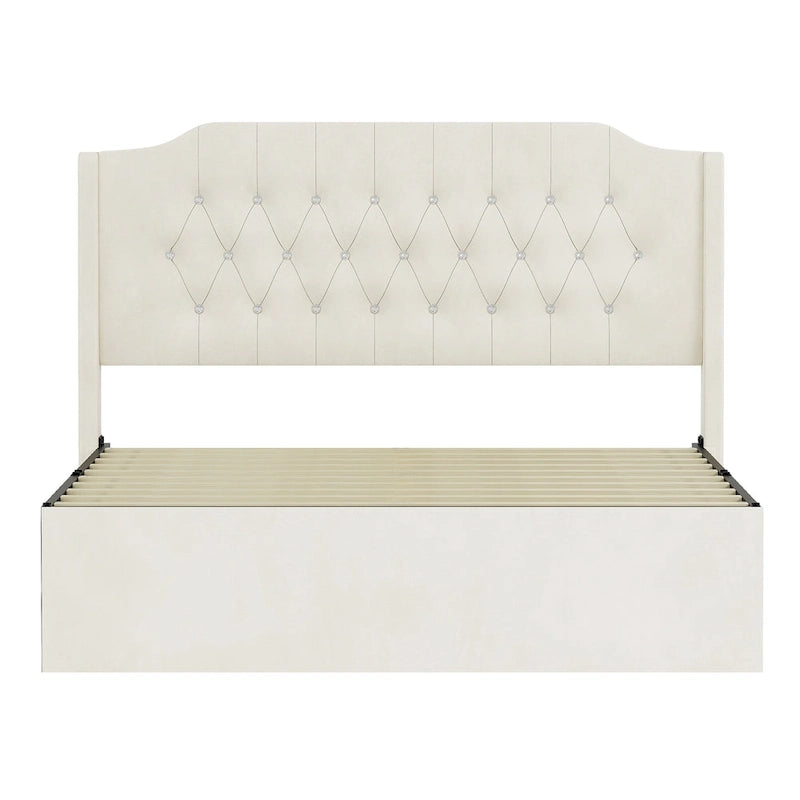 Cadre de lit rembourré capitonné à oreilles Queen beige pour 1 à 2 personnes