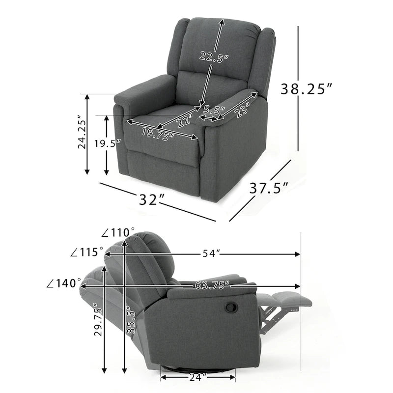 Fauteuil inclinable, pivotant et basculant en tissu anthracite, une place