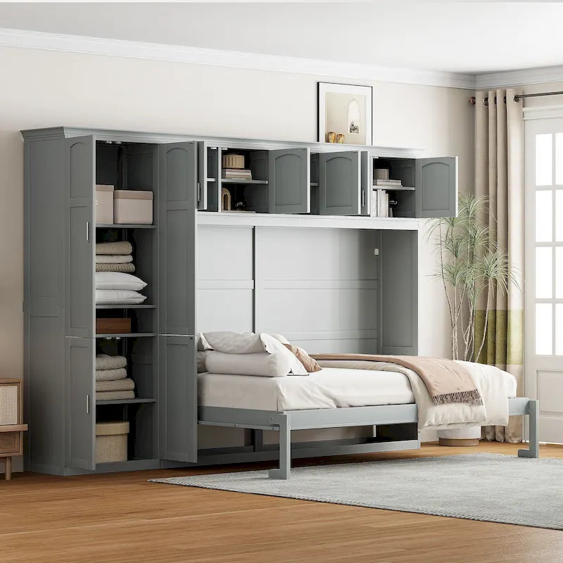 Lit escamotable Queen gris avec armoire et tiroirs, 1 personne
