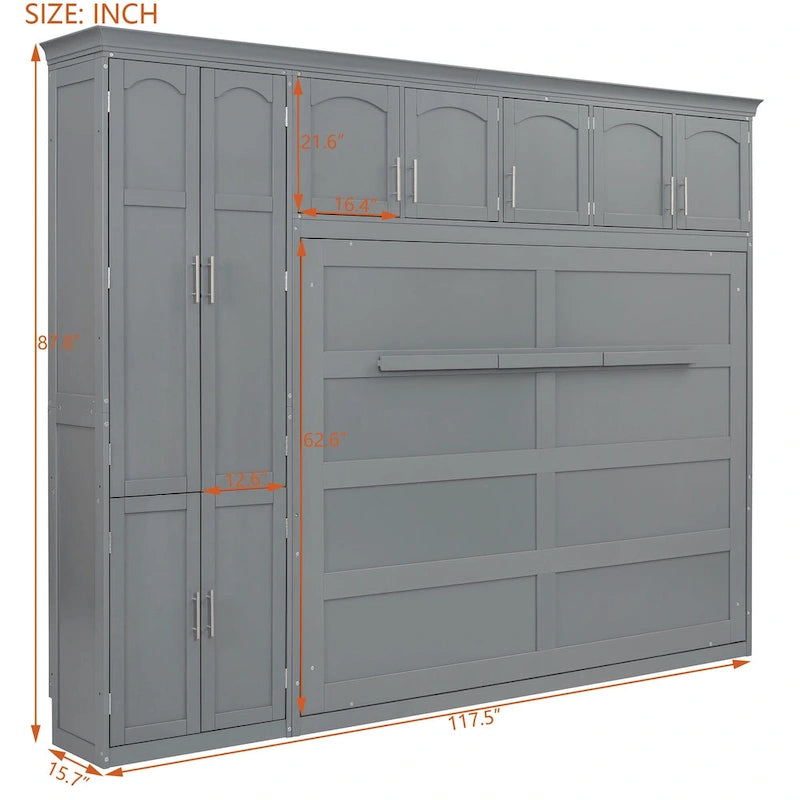 Lit escamotable Queen gris avec armoire et tiroirs, 1 personne