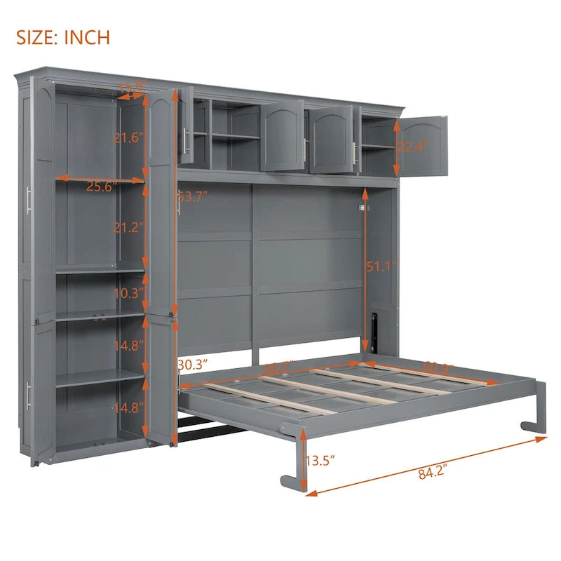 Lit escamotable Queen gris avec armoire et tiroirs, 1 personne