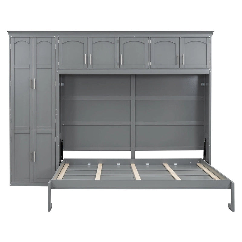 Lit escamotable Queen gris avec armoire et tiroirs, 1 personne