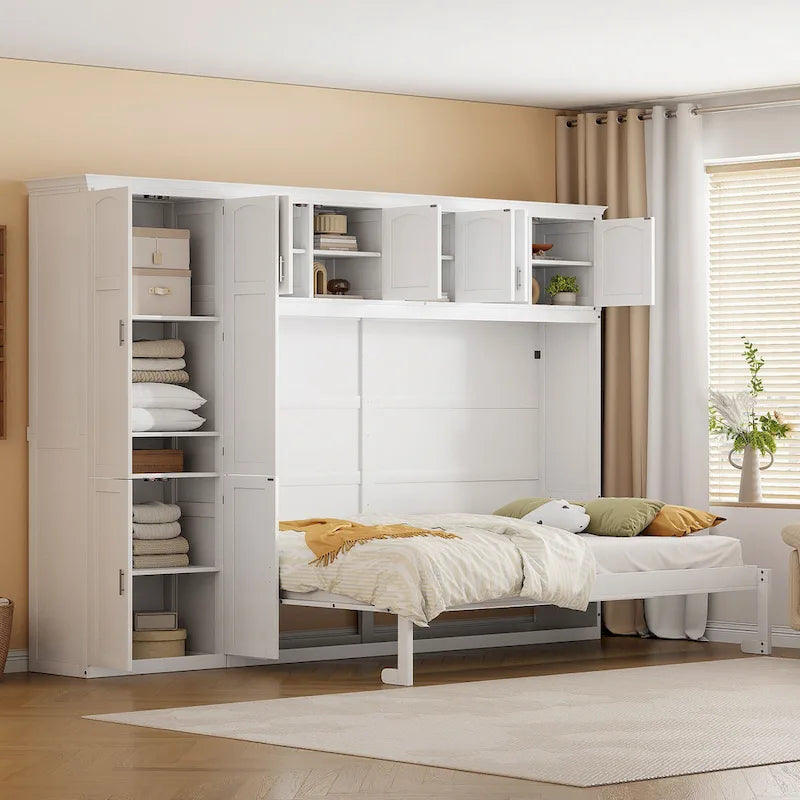 Lit escamotable Queen gris avec armoire et tiroirs, 1 personne