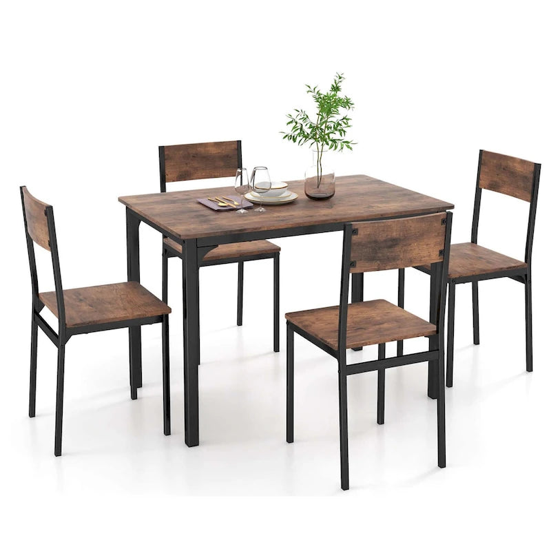 Ensemble de salle à manger industriel 5 pièces pour 4 personnes, marron rustique / gris