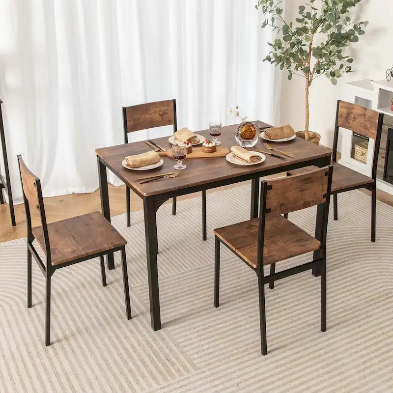 Ensemble de salle à manger industriel 5 pièces pour 4 personnes, marron rustique / gris