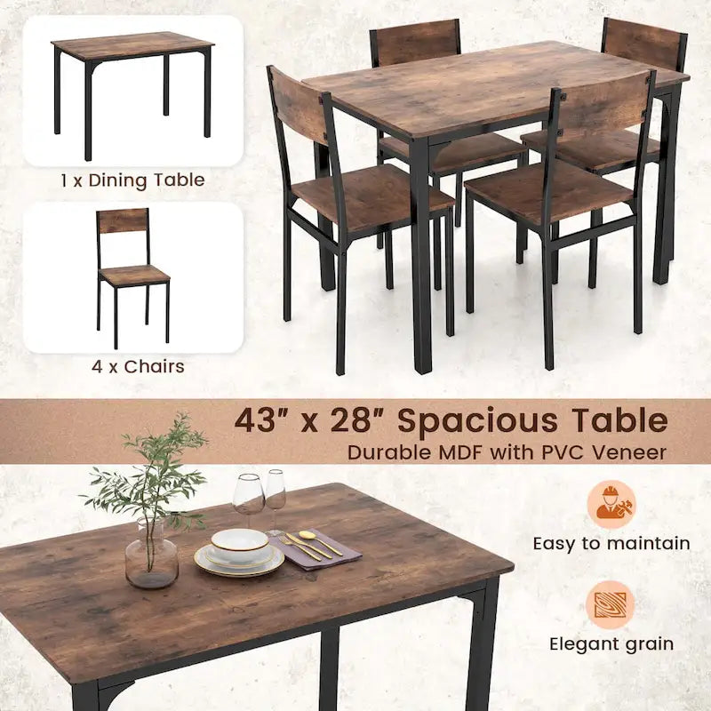 Ensemble de salle à manger industriel 5 pièces pour 4 personnes, marron rustique / gris