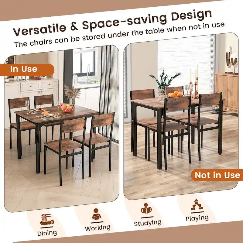 Ensemble de salle à manger industriel 5 pièces pour 4 personnes, marron rustique / gris