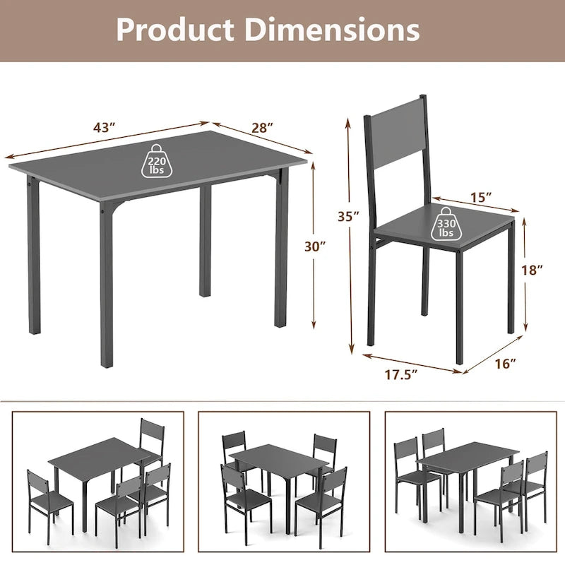 Ensemble de salle à manger industriel 5 pièces pour 4 personnes, marron rustique / gris