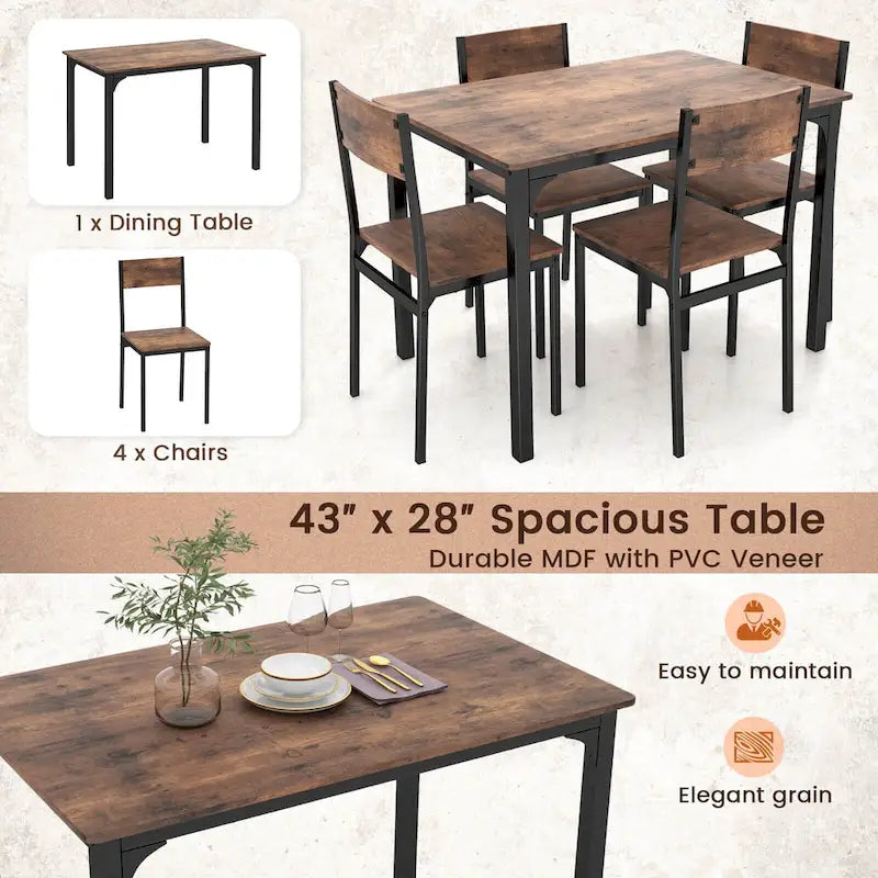 Ensemble de salle à manger industriel 5 pièces pour 4 personnes, marron rustique / gris