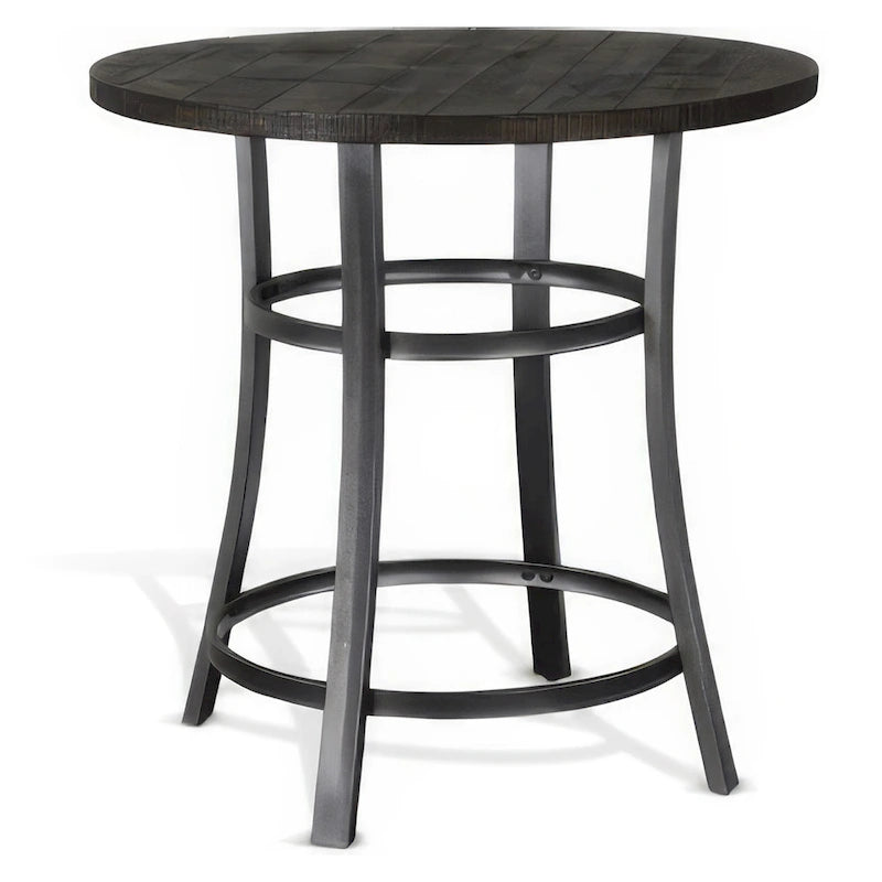 Table à manger ronde hauteur comptoir, 4 places, marron foncé et argent