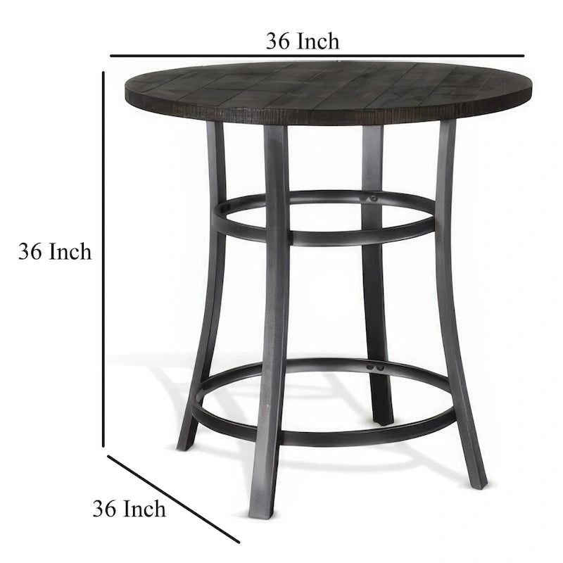 Table à manger ronde hauteur comptoir, 4 places, marron foncé et argent