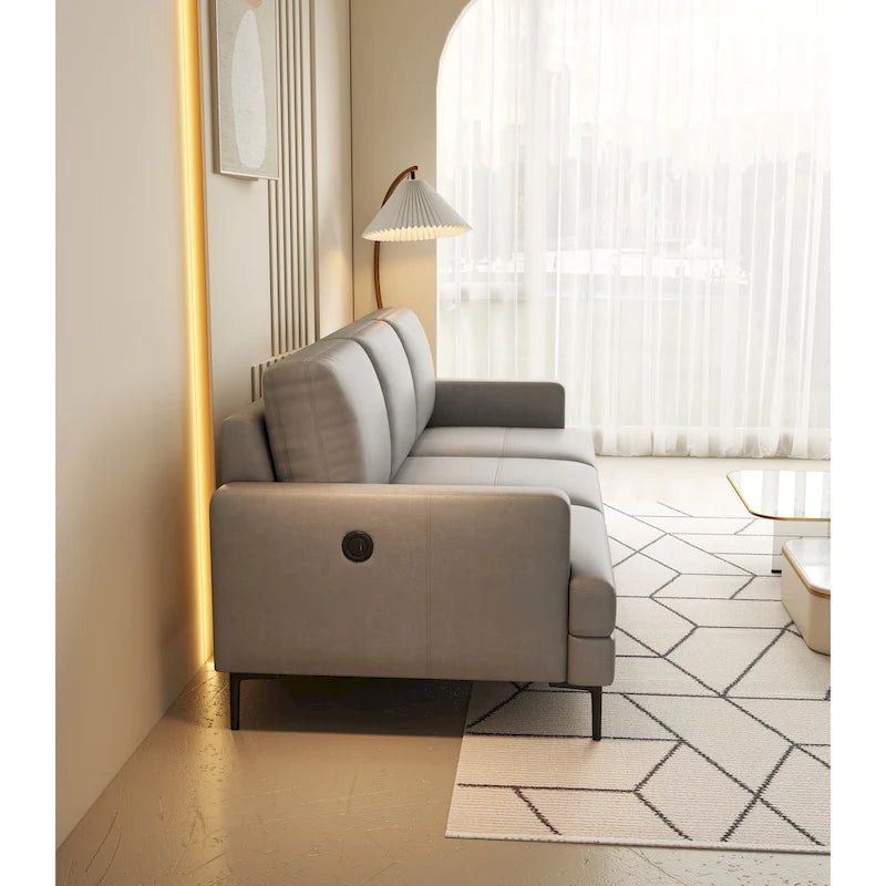 Canapé 3 places moderne en cuir gris/marron avec port USB et pieds en métal