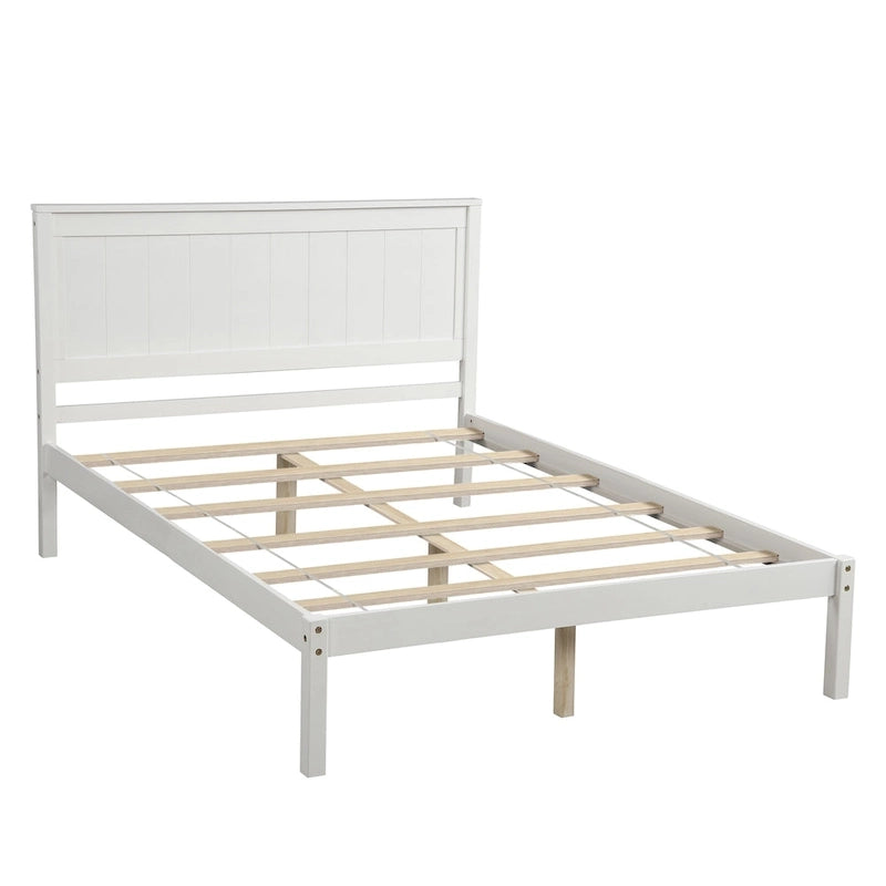 Cadre de lit plateforme blanc complet avec tête de lit attachée, pin et MDF, pour 2 personnes